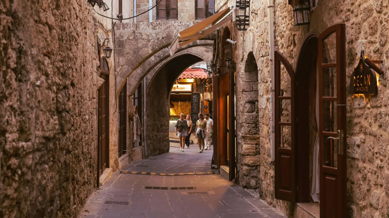 Historic stone street in Rhodes Old Town during Aegean Flow Turkey Greece tour