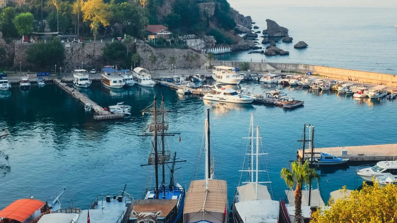 Antalya old harbour with boats and marina along the Mediterranean coast