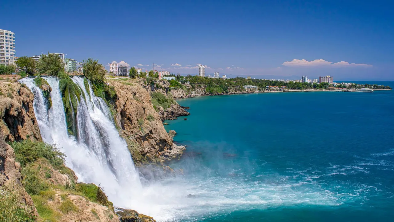 Antalya coastline and waterfall meeting the Mediterranean Sea