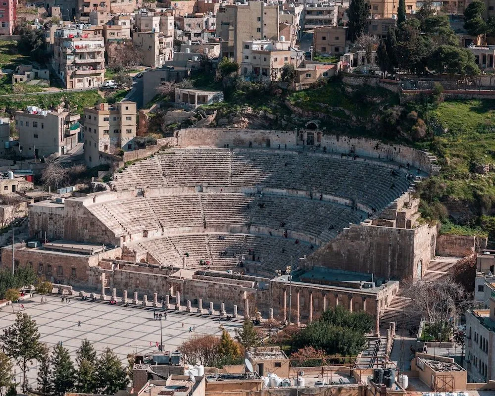 Panoramic view of the Roman Theatre in downtown Amman, Jordan.
