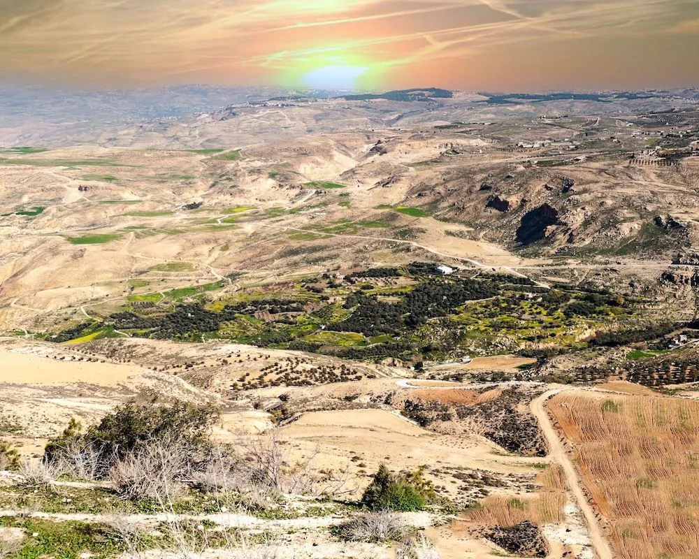 Sweeping landscape view from Mount Nebo overlooking Jordan’s valleys and hills.