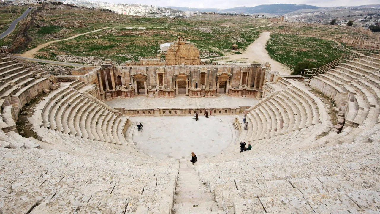 Roman theatre in Jerash, Jordan, with stone seating and ancient stage